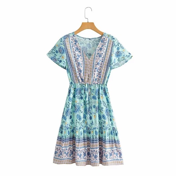 Boho Blue Floral Paisley Short Sleeve Ruffle Dress - Picture 4 of 9